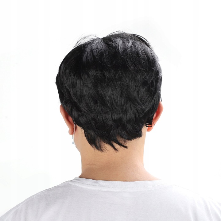 Peruca scurta pentru barbati, neagra, din par sintetic, textura pufoasa, design natural