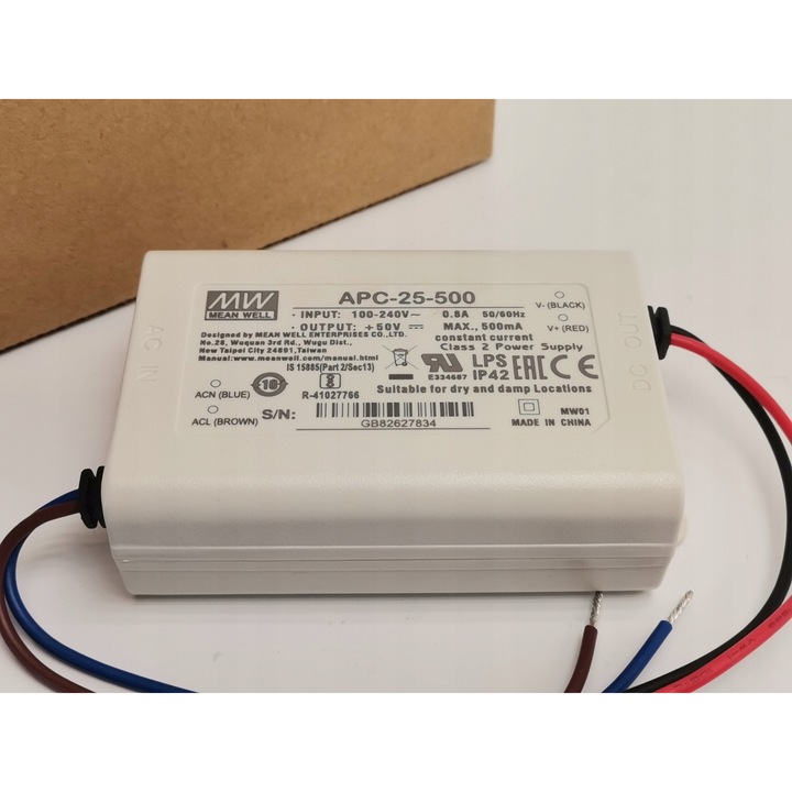 Mean Well APC-25-500 LED tápegység, 25W, 500mA, 15-50VDC, 84x57x29.5mm