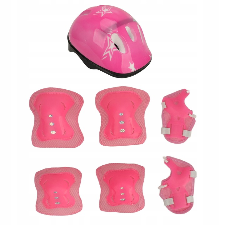 Set protectie pentru bicicleta pentru copii, roz, casti, 2 x genunchiere, 2 x elbow pads, 2 x protectii pentru incheieturi, 26x20cm