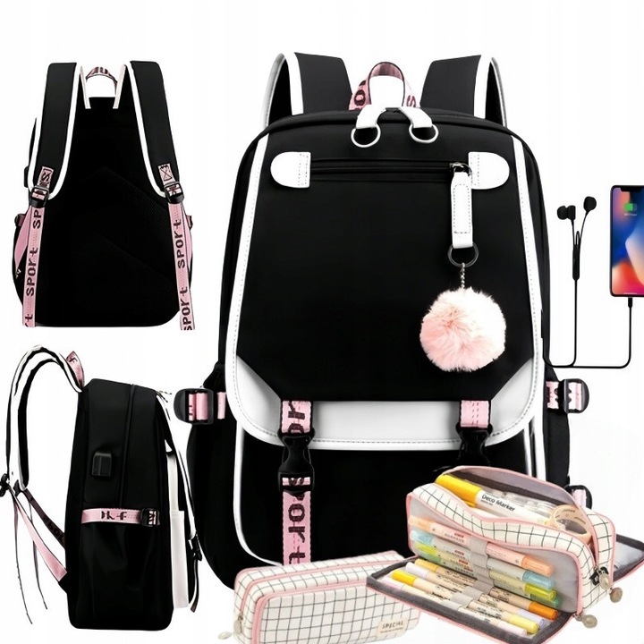 Ghiozdan mare pentru scoala, set cu penar si breloc, 44x30x21cm, multicolor, pentru clasele 4-6