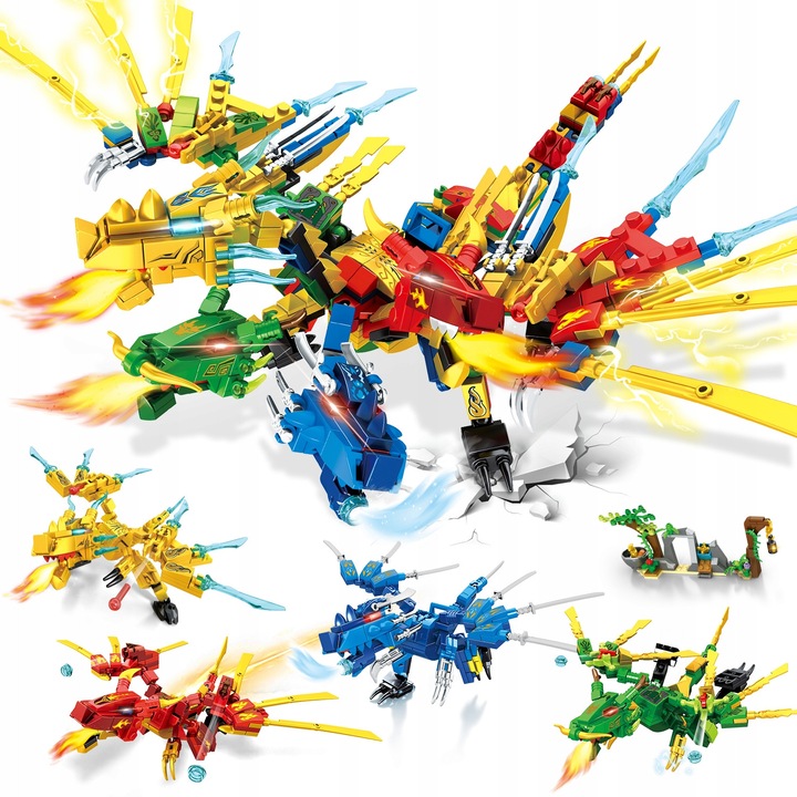 Set de constructie Hogokids 4 in 1, 807 piese, dragon cu patru capete, culori variate