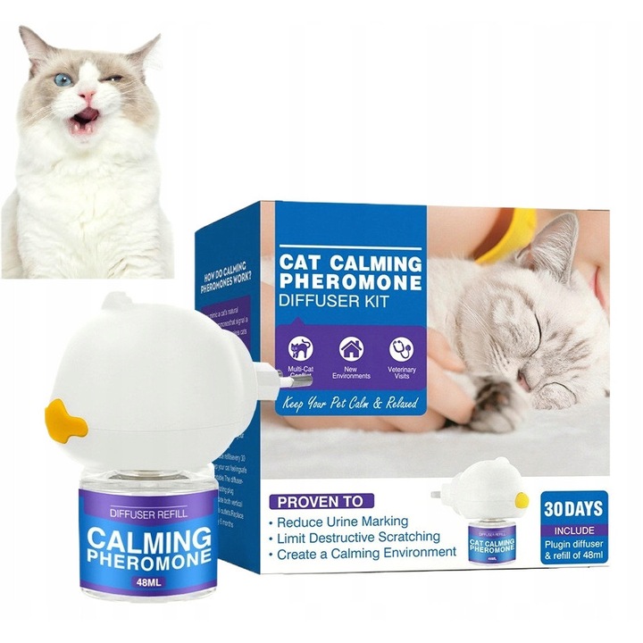 Difuzor feromoni pentru pisici, set 1 difuzor + 1 reîncărcare, anti-stres, acoperire 700 ft², calmant comportamental pentru animale