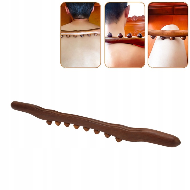Baton de masaj din lemn carbonizat, 8 puncte Shiatsu, 3 canale de scrapping, 30x5cm