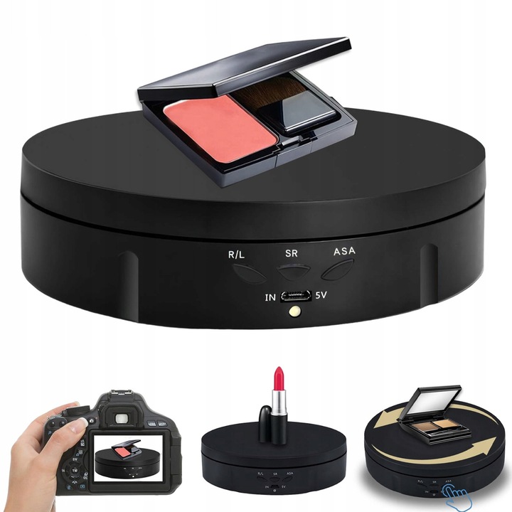 Platforma rotativa electrica pentru expunerea produselor, neagra, 14.5x3.5cm, capacitate 8kg, alimentare USB.