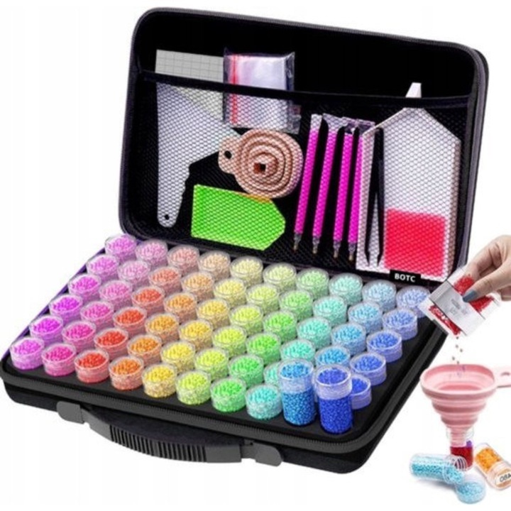 Set organizator pentru Diamond Painting, BOTC, 60 recipiente transparente, 90 compartimente, 31x7,5x20cm, multicolor