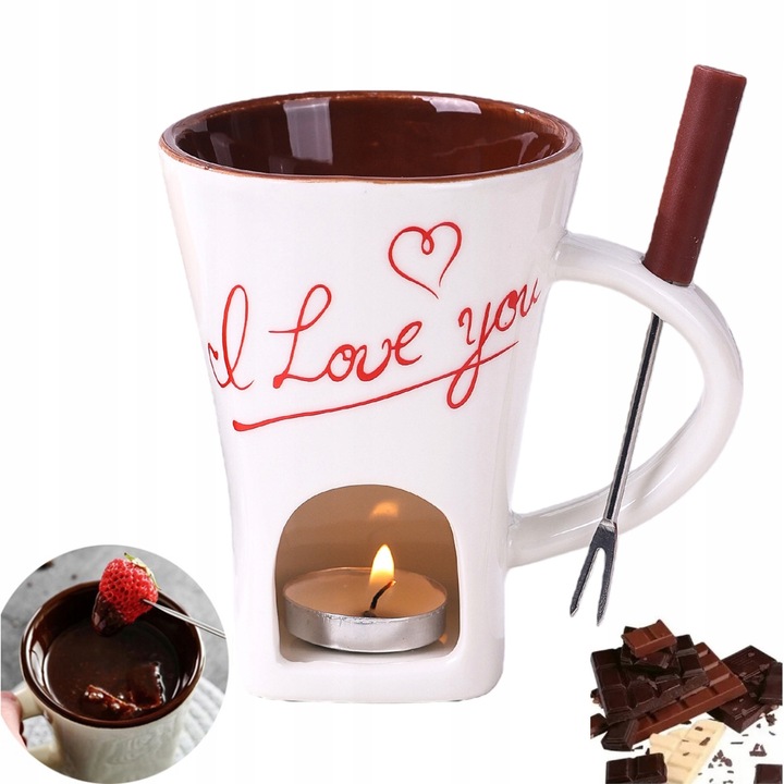 Cupa ceramica pentru fondue, alba, 155ml, set cu furculita si lumanare tealight