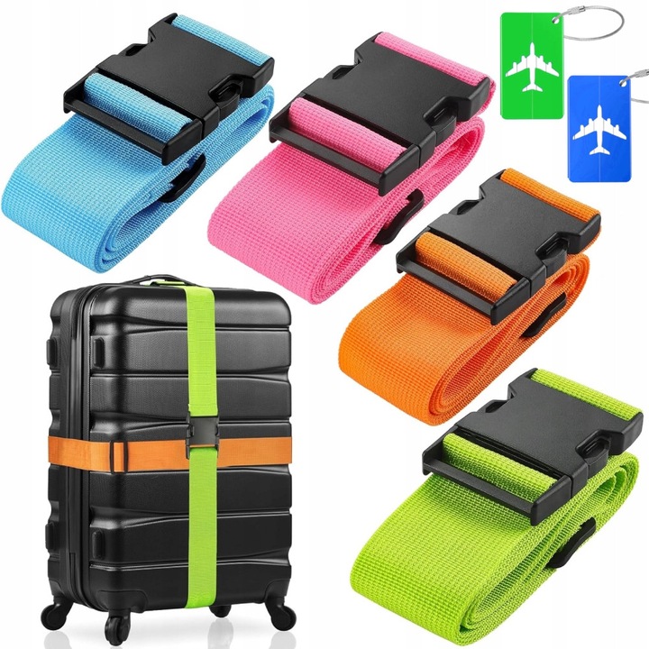 Set 4 Pachete Bagaj si 2 Etichete, Verde/Roz/Portocaliu/Albastru, 200x5cm