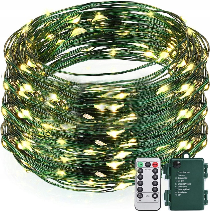 LED fénysor, 20m, 200 LED, meleg fehér, távirányítóval, vízálló