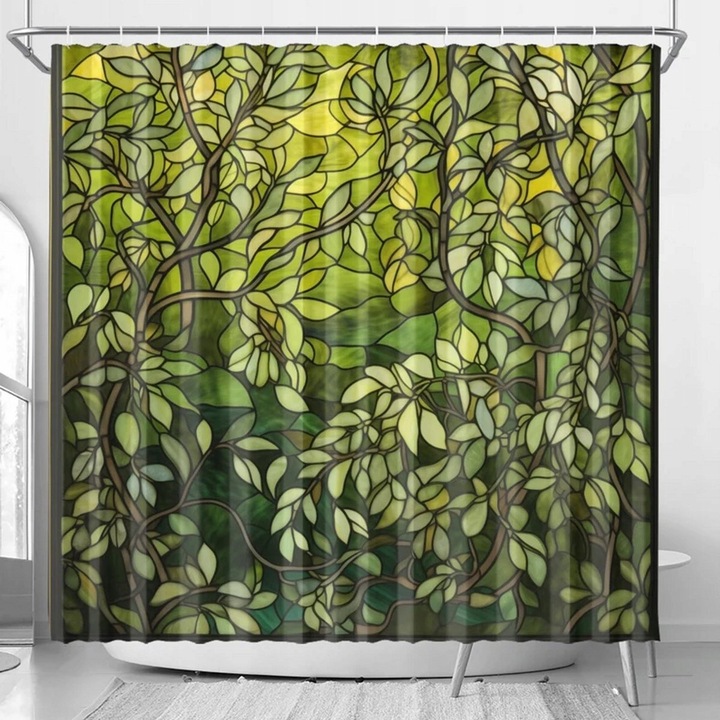 Zaslona de dus Floraweg, poliester, 180x200cm, verde, design cu frunze