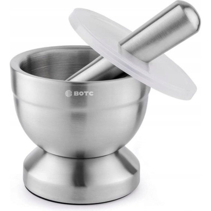 Set mojar din inox BOTC, 250 ml, cu capac, antiderapant, pentru condimente si pesto, 12x12x8 cm