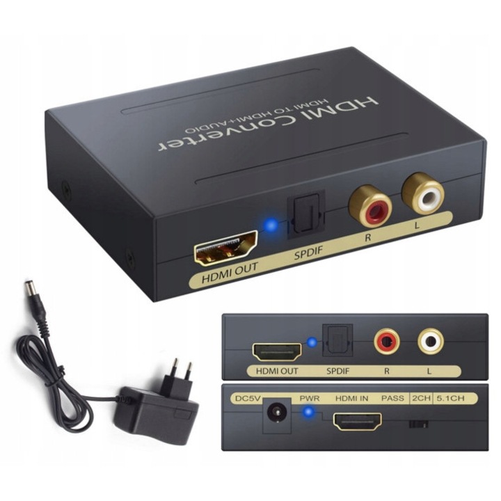 Separator audio HDMI la HDMI + Toslink/SPDIF si 2x Chinch, 5V, set
