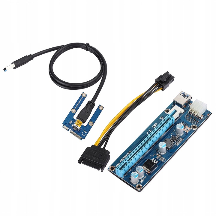 Adaptor Mini PCI-E la 16x cu interfata de alimentare 6-pin, 0,6m, negru, set