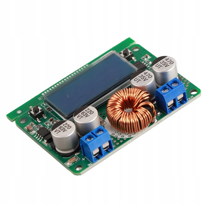 Modul DC-DC 8-60V-ról 3-32V-ra, 7A, LCD kijelzővel, méretek 62x44x18mm, komplett készlet
