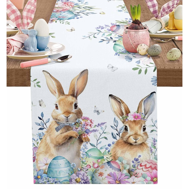 Bieznik de masa decorativ, 183x32cm, model iepuras, multicolor, pentru ocazii festive