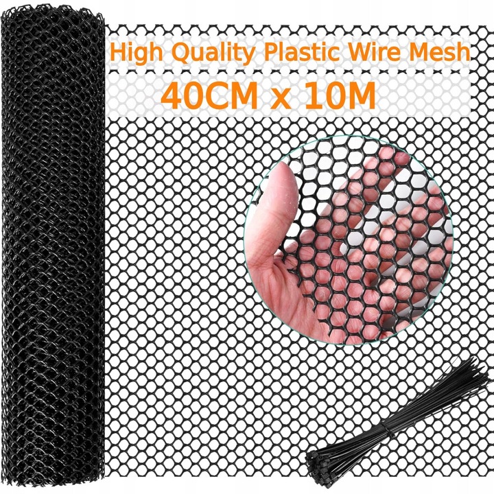 Plasa plastic pentru gard, 10m x 40cm, deschidere 0.8cm, neagra, set cu 100 de legaturi