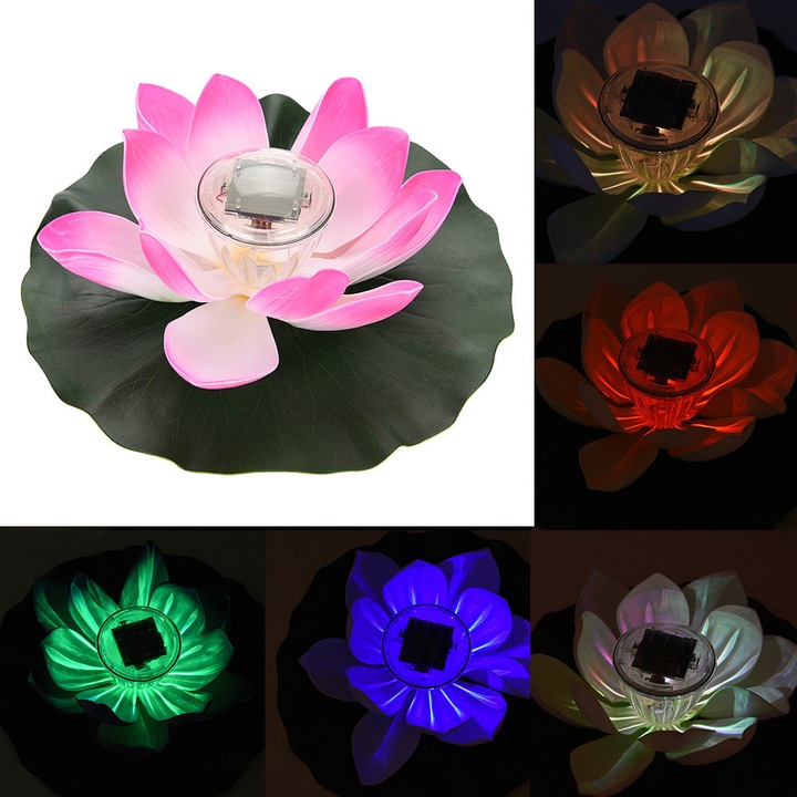 LED-es úszó napelemes lámpa, lótusz design, többszínű, 28cm