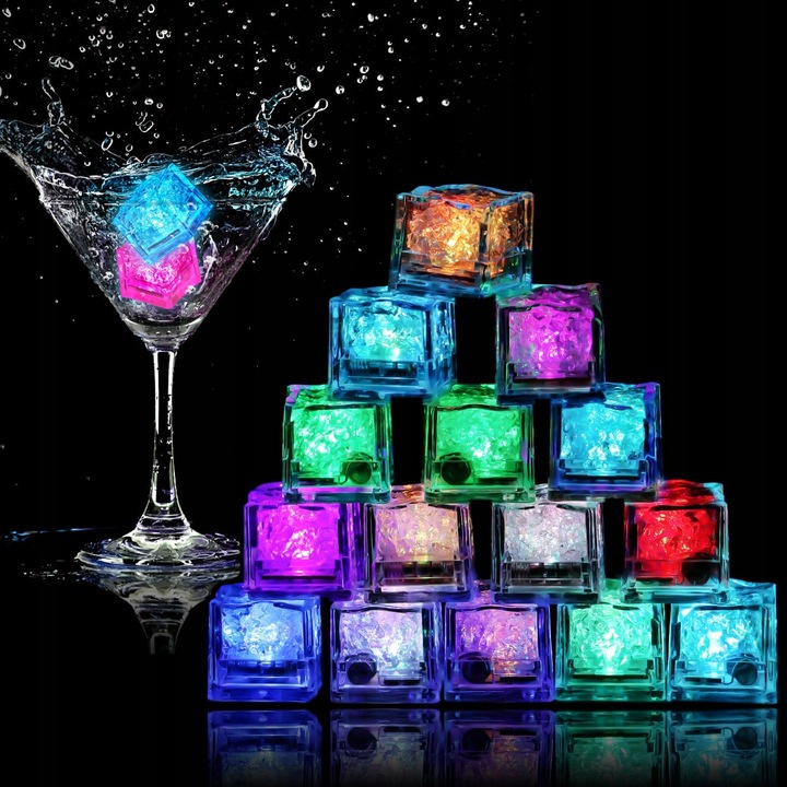 Set 14 cuburi de gheata LED, multicolore, 2,7x2,7x2,7cm, rezistente la apa