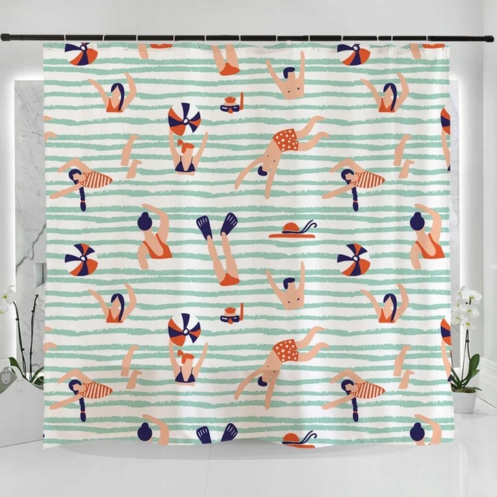 Zaslona de dus Floraweg, poliester, 180x200cm, design modern, impermeabila, set cu 12 carlige