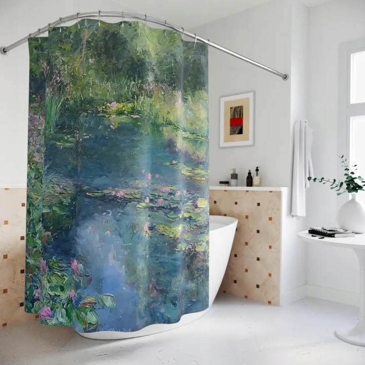 Zaslona de dus Floraweg, 180x200cm, poliester, imprimeu cu animale si flori, set cu 12 carlige