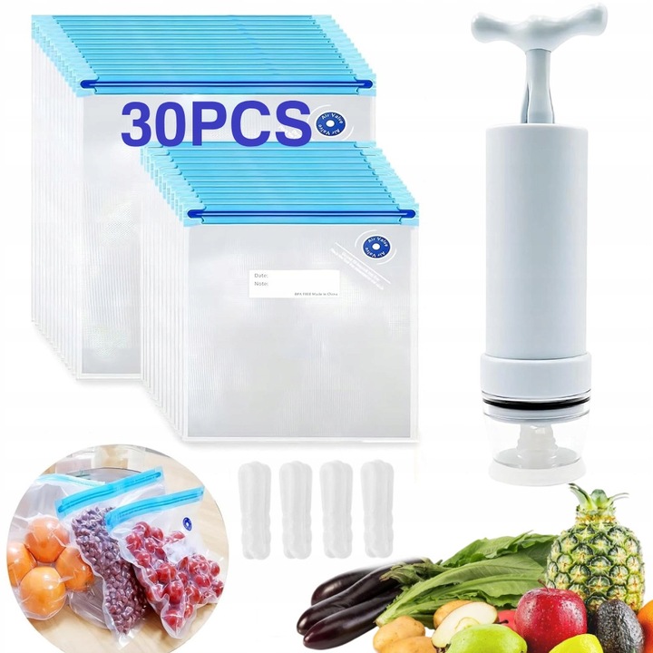 Set de pungi de vidat cu 30 pungi (30x34cm), 1 pompa manuala si 4 cleme