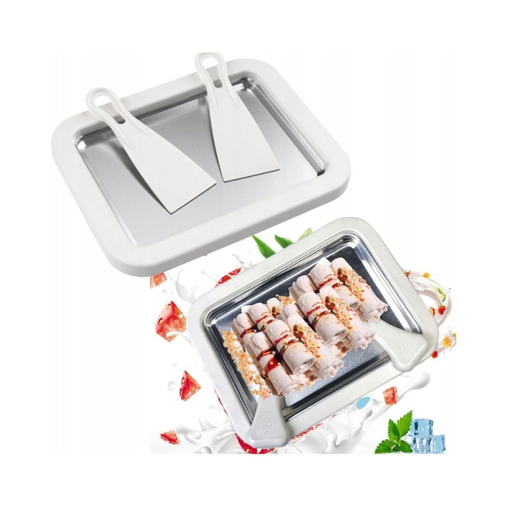 Tacka pentru preparat inghetata, set cu doua spatule, alb, 26x21x3.5cm