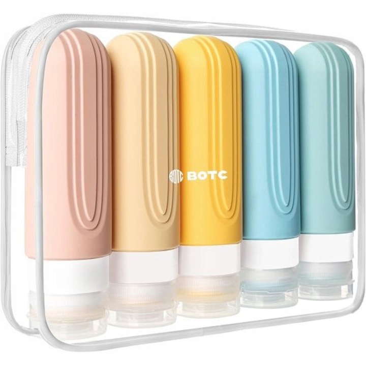 5 darab 90 ml-es szilikon utazóflakon készlet tokkal, BOTC, szivárgásmentes kialakítás, TSA tanúsítvánnyal