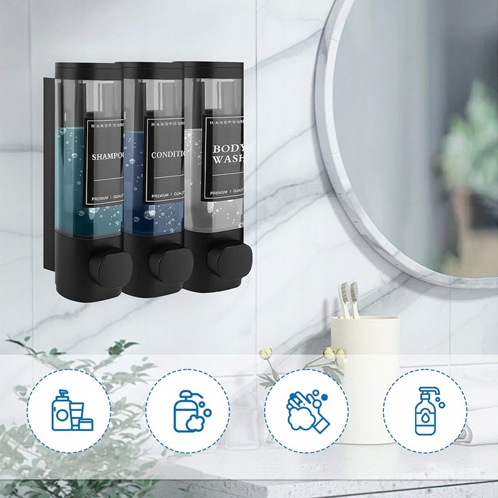 BEDEE folyékony szappan adagoló, 300 ml, műanyag, fekete, falra szerelhető