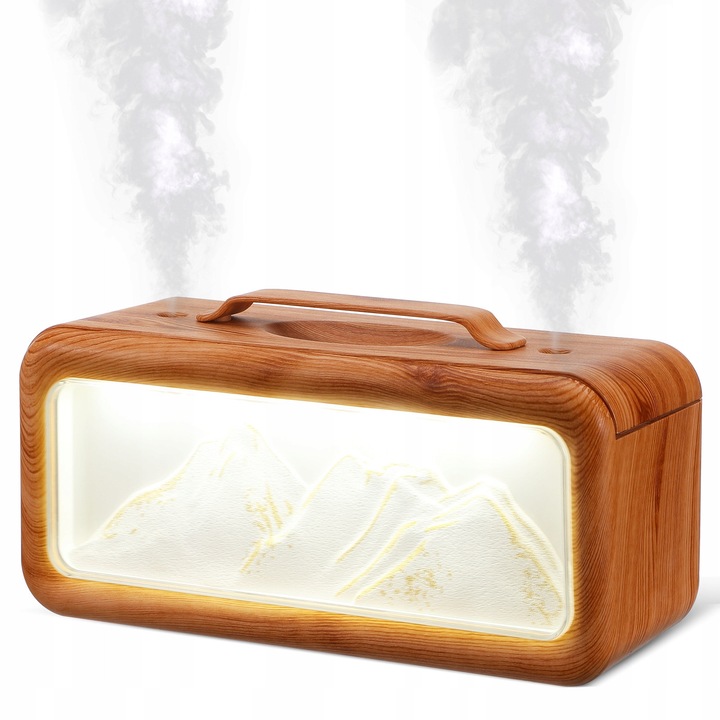 Snow Mountain párásító, 600ml, fa design, 3 színű világítás, méretek 20x10.2x8cm