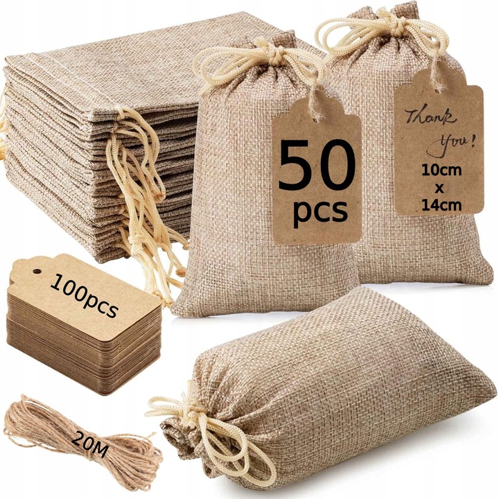 Set 50 pungi din iuta cu snur pentru cadouri, 10x14cm, maro/gri