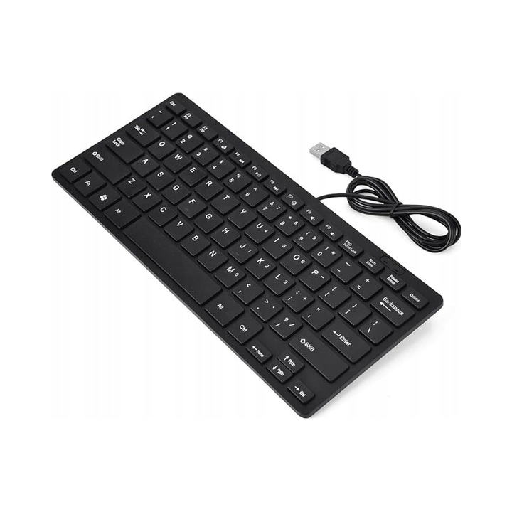 Tastatura compacta USB slim, 78 taste, dimensiuni 285x120x20mm, greutate 200g, neagra