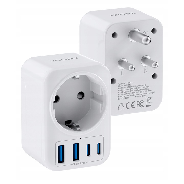 Voomy Y711 utazó adapter, D típusú, 5 az 1-ben, fehér, 3750W