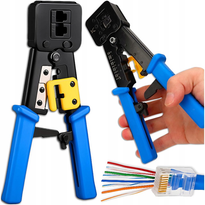 Cleste pentru conectori RJ45/RJ11/RJ12, MEMFLOW, 3 functii in 1, lungime 21,8 cm, culoare albastra