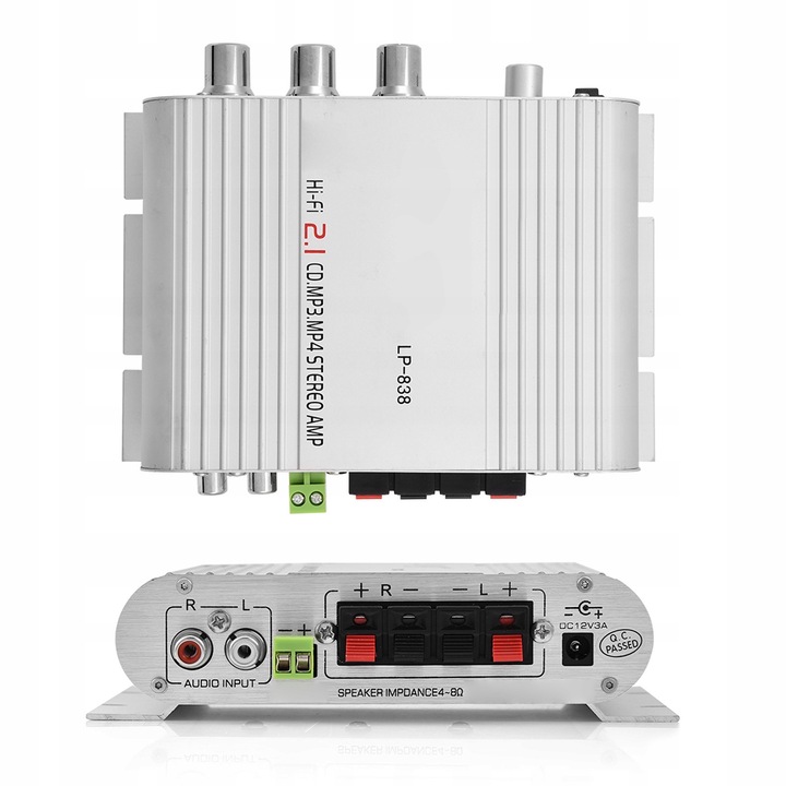 MINI HIFI erősítő 2.1, 15W x 2, 20W, alumínium, 15,4x12,9x3,9cm, ezüst