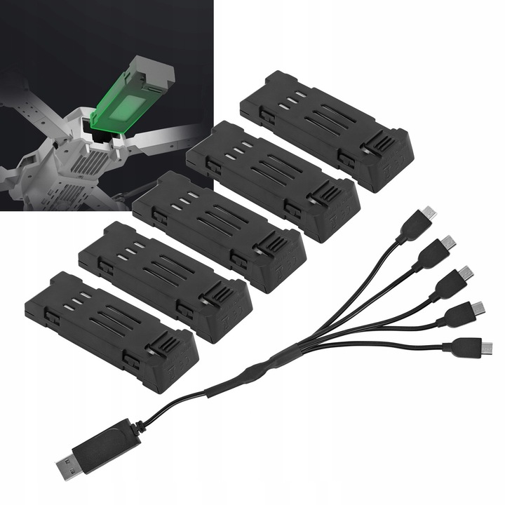 Set 5 baterii litiu 3,7V 1200mAh cu cablu de incarcare pentru drone RC