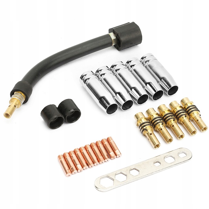 Set accesorii pentru aparat de sudura Binzel 15AK, cu 10 contacte, 5 duze, 5 suporturi, 2 tuburi izolatoare, 1 cheie, 1 gat de lebada