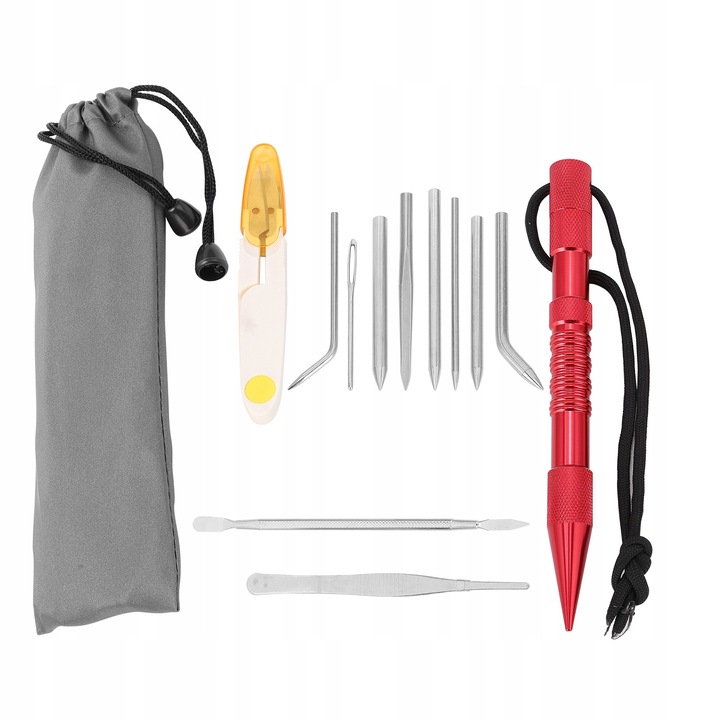 Set 12 igle pentru Paracord, accesorii camping si drumetii, rosu, material aluminiu si otel inoxidabil