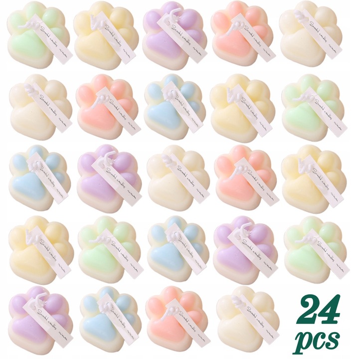 Комплект от 24 ароматерапевтични свещи Kotek Paw, аромати: градински чай и морска сол, лавандула, синя, лайка, бяла праскова, английска фрезия, размер 4.5x4.5x3см