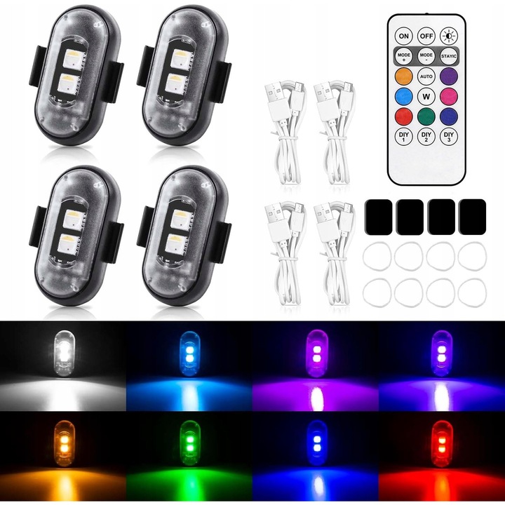 Set 4 lampi LED stroboscopice fara fir, cu telecomanda, USB