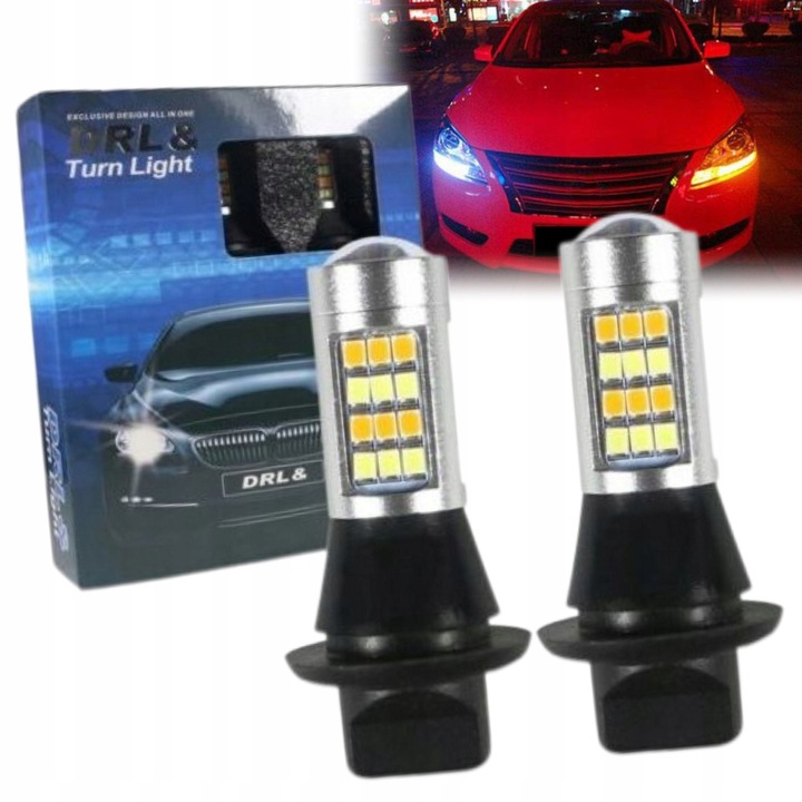 2 db P21W LED izzó készlet nappali menetfényhez és irányjelzőhöz, 42 SMD, hideg fehér/átható, 12V