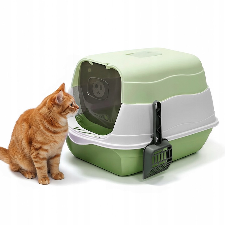 Cutie de gunoi de pisica, toaleta de pisica, cutie inchisa de gunoi de pisica cu filtru de gunoi si capac flip, usor de curatat, realizata din material plastic, usoara si usor de curatat, verde