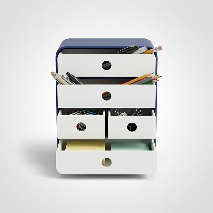 Organizator Birou cu Sertare Silueta Rotunjita, Albastru/Alb, Plastic PLA, 22 cm