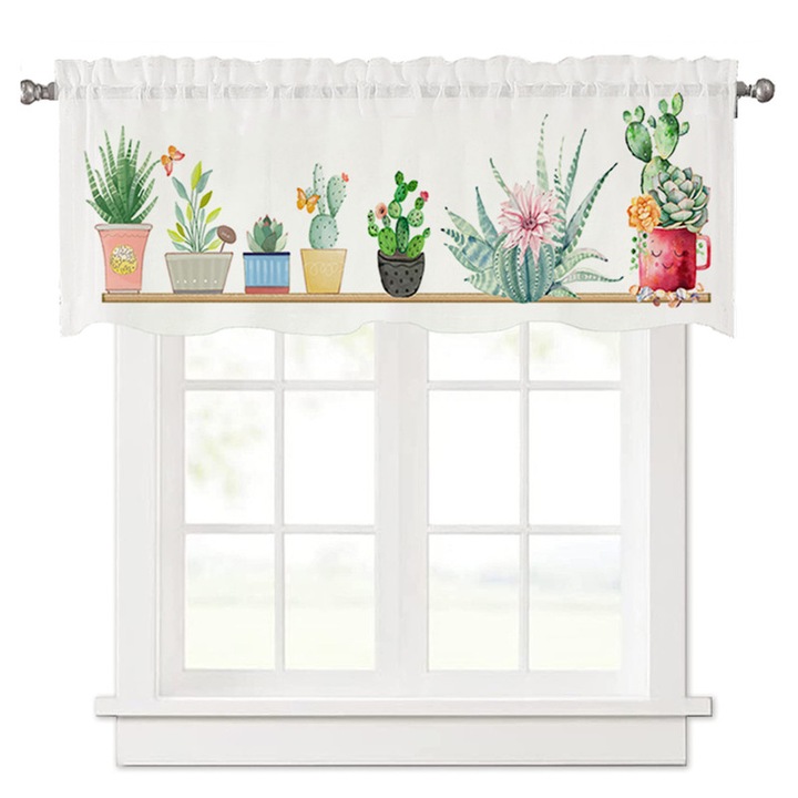 Perdea de bucatarie, BOMSTOM, Poliester, model floral botanic, 45 x 152 cm, Multicolor