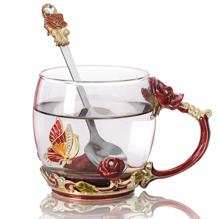 Set de cafea si ceai din sticla -Ceasca de ceai emailata cu trandafir lucrata manual (include lingura din otel inoxidabil), Ideal pentru zile de nastere, nunti si petreceri.(Rosu Pitic)