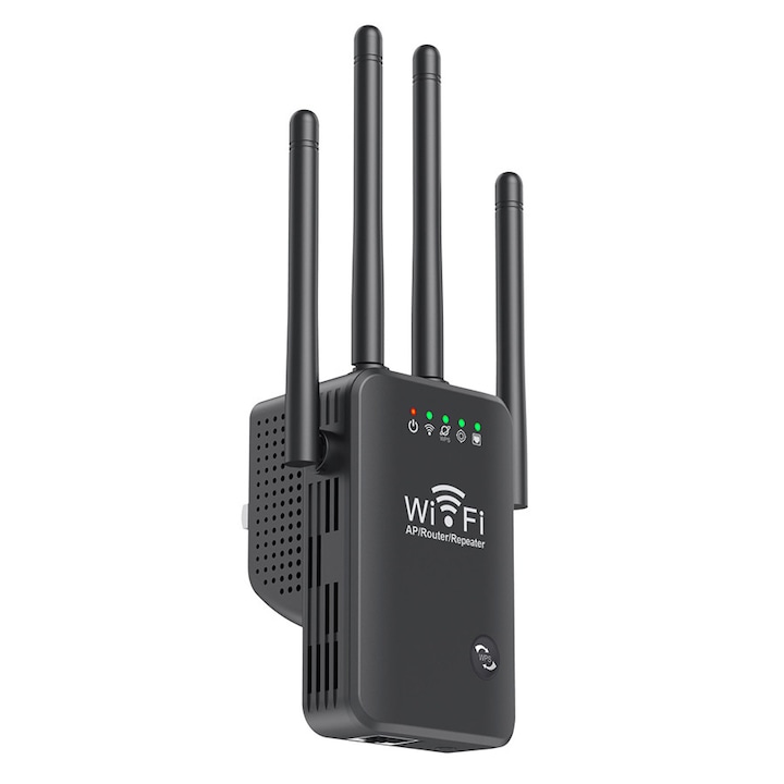SuooTci vezeték nélküli jelerősítő, 300Mbps, 2.4GHz, 4 külső antenna, fekete, 10x10cm