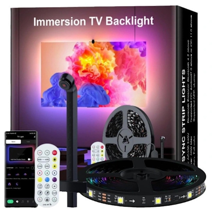 Kit benzi LED pentru TV 65-75 inch, 5m, negru, control prin aplicatie, set complet