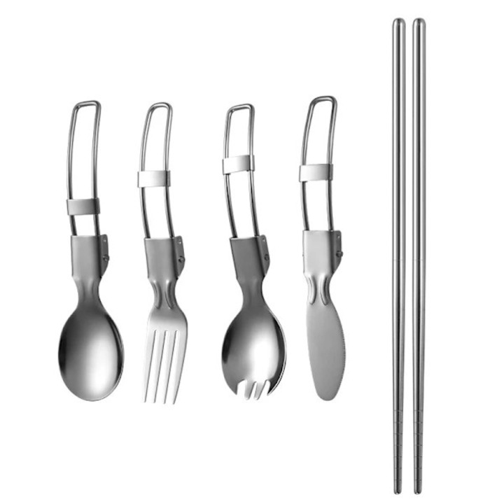 Set tacamuri pliabil, 5 piese, inox 304, argintiu, 15.3x3.8cm, 15x3.8cm, 23x0.6cm, 15.2x2.3cm