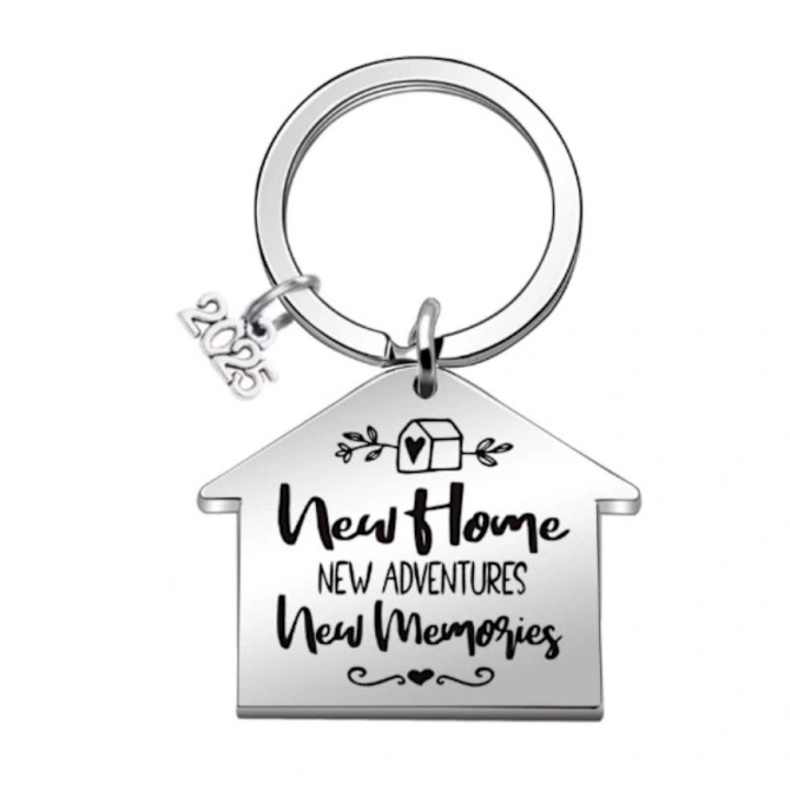 Breloc din otel inoxidabil, design "New Home 2025", argintiu, 2.8x3.8x3.8cm