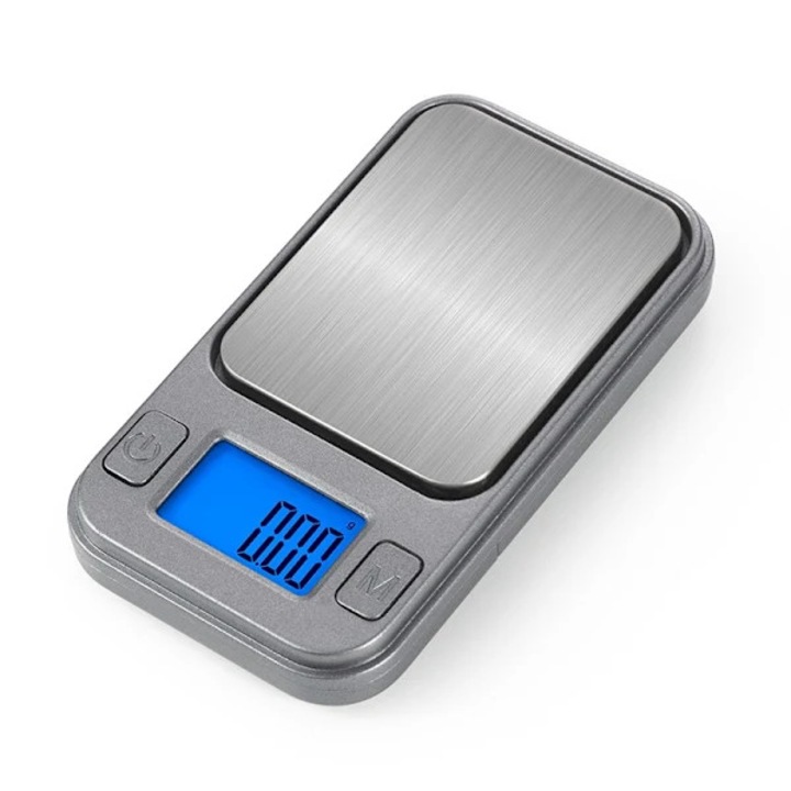 Cantar electronic mini, 200g/0.01g, design tip bricheta, argintiu/negru, 7.53x4.23x1.27cm, set cu 2 baterii CR2032