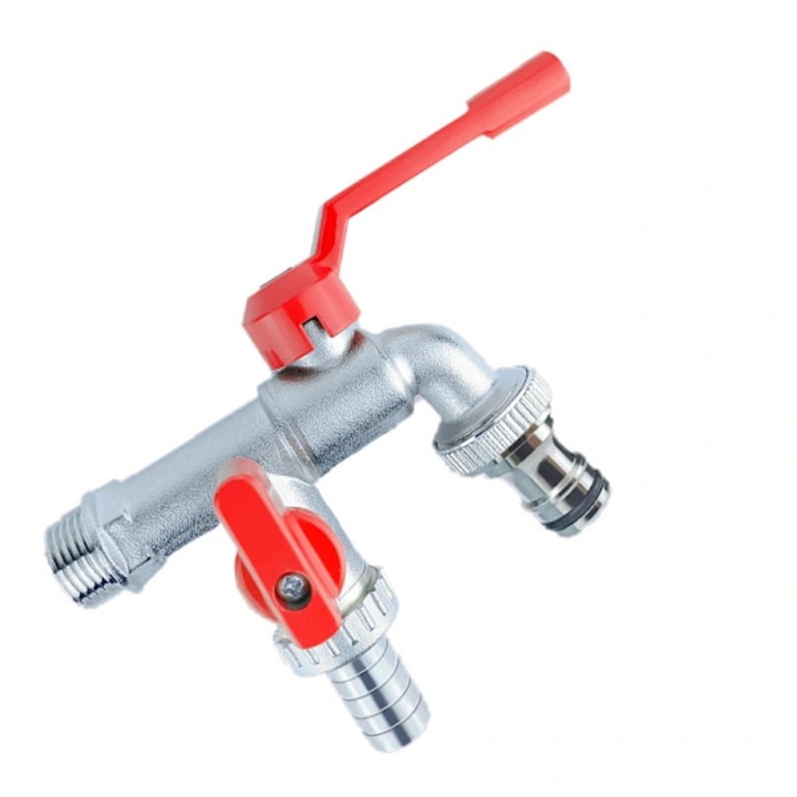 Robinet dublu din alama pentru gradina si spalatorie, rosu, 14.5x10x5cm