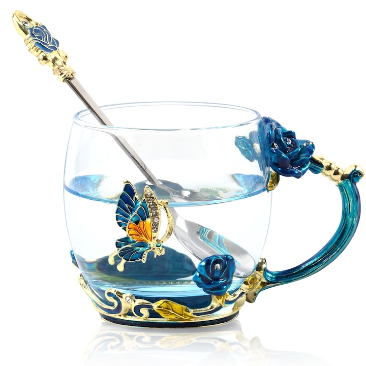 Set de cafea si ceai din sticla -Ceasca de ceai emailata cu trandafir lucrata manual (include lingura din otel inoxidabil), Ideal pentru zile de nastere, nunti si petreceri.(Albastru Pitic)